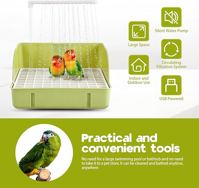Parrot Bathtub, Large Bird Shower Fountain, Automatic Bird Bath, Parrot Bath Shower, Automatic Bathtub with Circulating Faucet, Indoor Fountain with USB Pump, Green