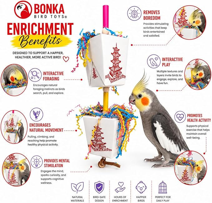Bonka Bird Toys 3874 Duo Take Out Small Medium Bird Toy Oyster Pail Treat Box Foraging Paper Chew Shred Cockatiel Parakeet Conures and Other Similar Birds
