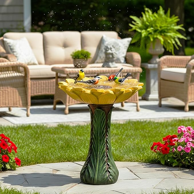 SKYFIRE 24.4”H Sunflower Bird Bath Fiber Reinforced Concrete Pedestal Birdbath for Outdoors, Heavy Duty Garden Bird Bath for Yard, Patio, Lawn, Backyard Decor