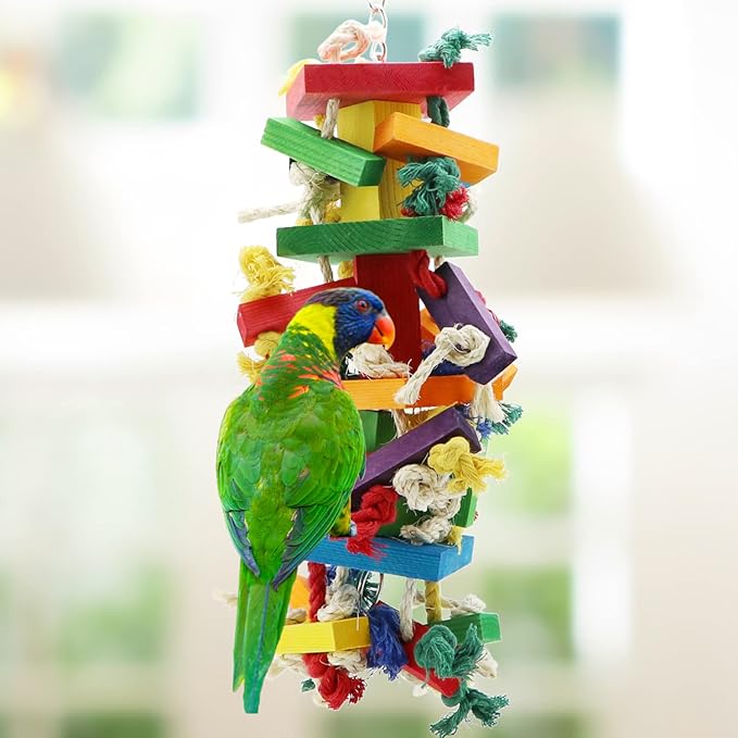 Wontee Bird Toys Parrot Chewing Wood Blocks Tearing Toys for Parakeet Cockatiel Sun Conure African Grey Indian Ringnecks Small and Medium Sized Birds (Large)