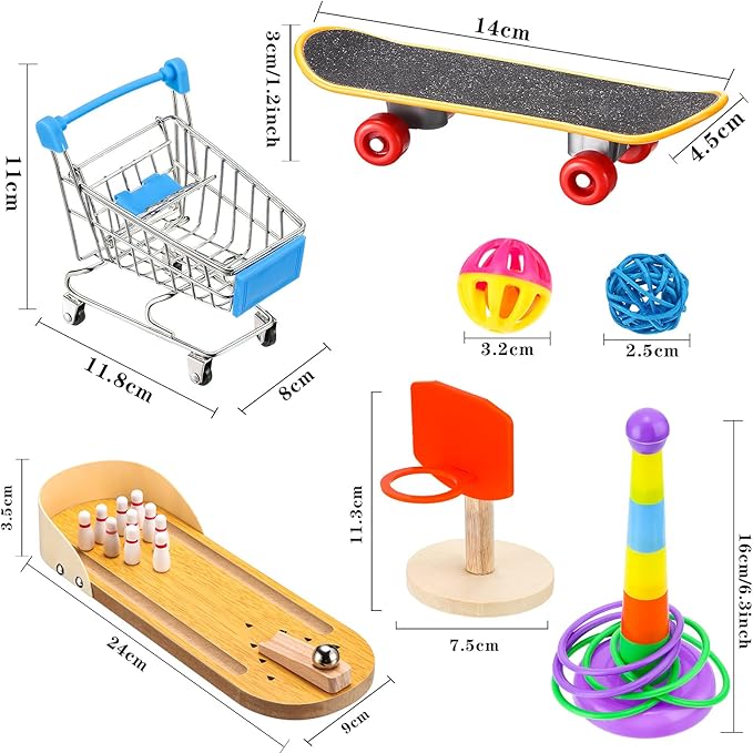 Skylety 10 Pcs Bird Training Toys Parrot Intelligence Accessories Include Bowling Basketball Toy Rings Shopping Cart Skateboard Bell Ball for Parakeet Cockatiel Macaw Parrot, Random Color