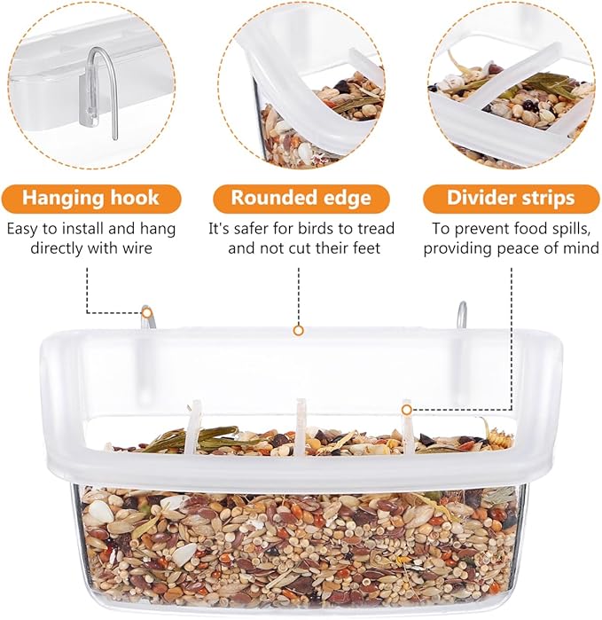 NOLITOY 2pcs Plastic Parrot Feeders, Universal Clear Hanging Bowls for Cockatiel Budgie Conure Macaw Parakeet Small Animal