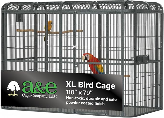 A&E Cage Co WI11062 Black Walk-in Bird Aviary - 110"x62"x79" Large Parrot Cage - Front Door on 110" Side, 3 Swing-Out Feeder Doors, Stainless Steel Bowls