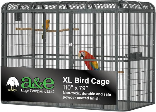 A&E Cage Co WI11062 Black Walk-in Bird Aviary - 110"x62"x79" Large Parrot Cage - Front Door on 110" Side, 3 Swing-Out Feeder Doors, Stainless Steel Bowls