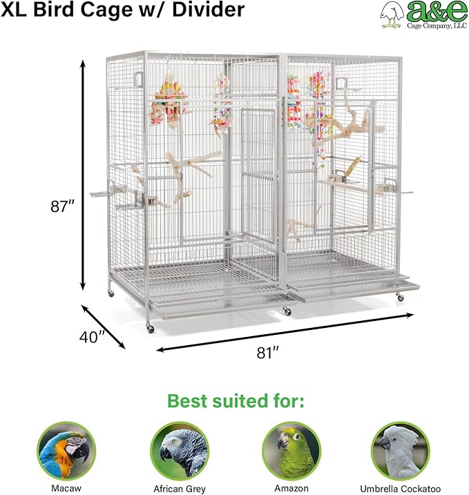 A&E Cage Co 8040FL Platinum Double Macaw Cage – 80"x40"x74" Extra Large Parrot Cage with Removable Divider, 4 Swing-Out Feeder Doors, Stainless Steel Bowls & Perches for Macaws, Cockatoos, Amazons