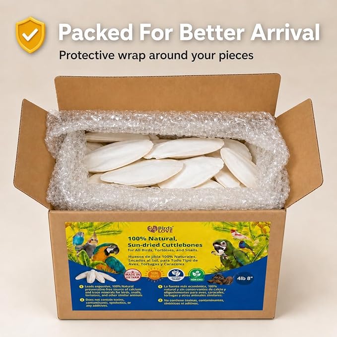 Birds LOVE 7.5-8" Cuttlebones for Birds – 100% Natural Sun-Dried Calcium & Beak Conditioning Supplement for Parakeets, Budgies, Cockatiels, Finches & Canaries – 4 lb with Holder – Made in Vietnam
