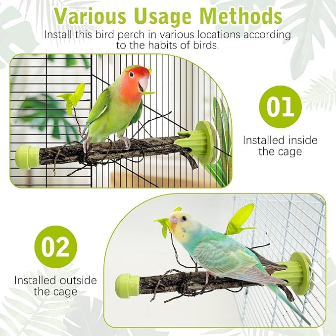 PINVNBY 2 PCS Bird Perches Simulation Branch Parrot Cage Perch Stand with Green Leaf Hanging Paw Grinding Fork Cage Accessories for Parakeets Budgies Finches Cockatiels Conures