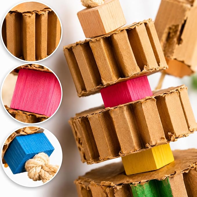Bonka Bird Toys 3750 Big Quad Blocks N Cube 12" Wood and Metal Hanging Chew Toy for Medium to Large Birds Parrot Cage Enrichment