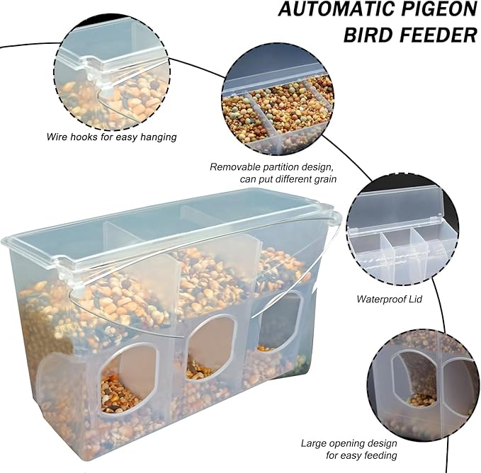 Automatic Pigeon Bird Feeder Water, Plastic Feeder Water Dispenser Drinkers for Cage, No Mess Hanging Parrot Food Feeding, Cage Accessories for Parakeet Quail Bird Chicken (3 Hole - Iron Wire)