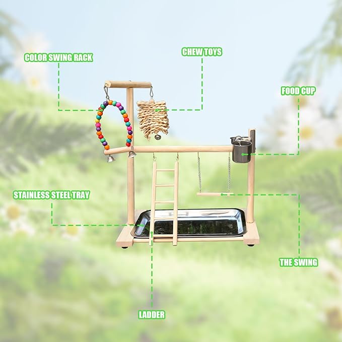 Bird Stand, Natural Wood, Parrot Playground with Removable Tray & 2 Stainless Steel Feeder Cups, Suitable for Parakeet, Conure, Cockatiel, Lovebird, Canary, Lorikeet & African Grey
