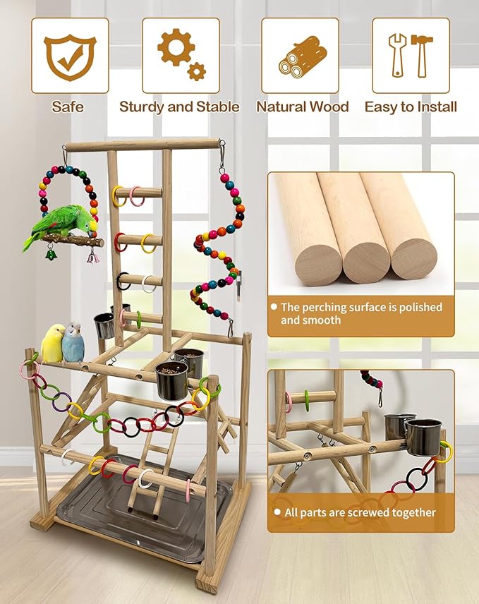Bird Play Stand, Large Parakeet Playground, Natural Wood Parrot Perch Stand, Birds Play Gym Cockatoos Cage Accessories with Feeder Cups Swings for Cockatiel Budgie Conure