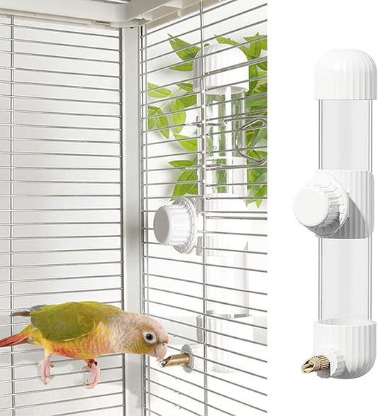 9.4 Fl Oz No Mess Bird Water Dispenser, Automatic Parrot Water Feeder with Spring Valve, Clear Cage Water Drinker for Parakeets Cockatiels Budgies Finch Lovebirds & Canary (White, 7.4 fl oz (220ml))