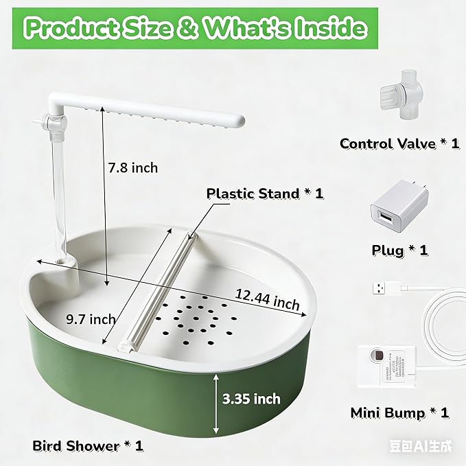 Bird Shower Parakeet Bath for Cage with Adjustable Water Flow Control Valve, Parrot Shower Bath for Budgies with Plug, Automatic Circulating Water Fountain for Pet Bird, Cockatiel, Conure (withe pipe)