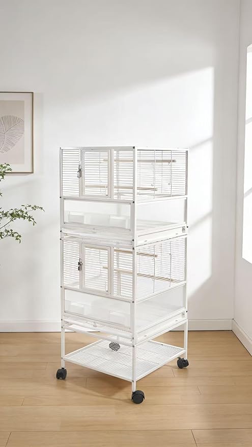 Stackable Breeding Bird Cage with Splash-Proof Baffle, Rolling Stand with Wheels, for Aviaries, Canaries, Cockatiels, Lovebirds, Finches, Budgies, Small Parrots, White. (2F)