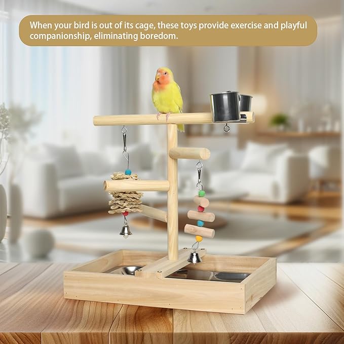 Bird Playground, Natural Wood Bird Play Stand with Stand Perch, Two Toys, Two Food Cups, and Removable Tray, Suitable for Lovebirds, Cockatiels, Budgies, Parakeets, and Other Small Birds