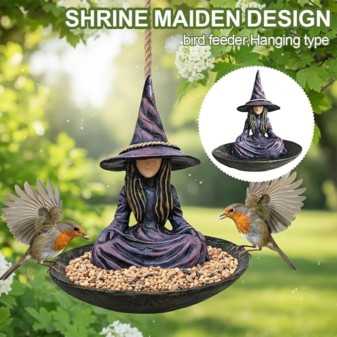 Meditating Witch Garden Bird Feeder,Creative Purple Resin Witch Hat Hanging Feeder,Witchs Garden Bird Feeders for Outdoors,Resin Birdfeeder Statue with Rope Hanger for Patio Backyard Lawn GardenDecor