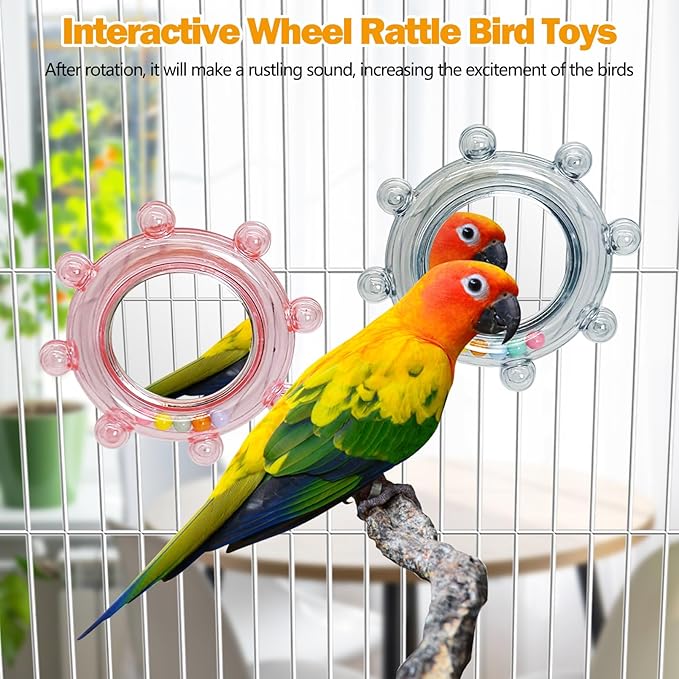 Hamiledyi Bird Rotating Toys with Mirror Interactive Spinner Rattle Parrot Toy Birds Chewing Toy Parakeet Cage Accessories for Entertainment Suitable for Conure Cockatiel Lovebird (Blue and Pink,2PCS)