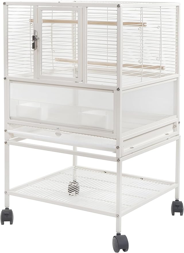 Stackable Breeding Bird Cage with Splash-Proof Baffle, Rolling Stand with Wheels, for Aviaries, Canaries, Cockatiels, Lovebirds, Finches, Budgies, Small Parrots, White. (1F)
