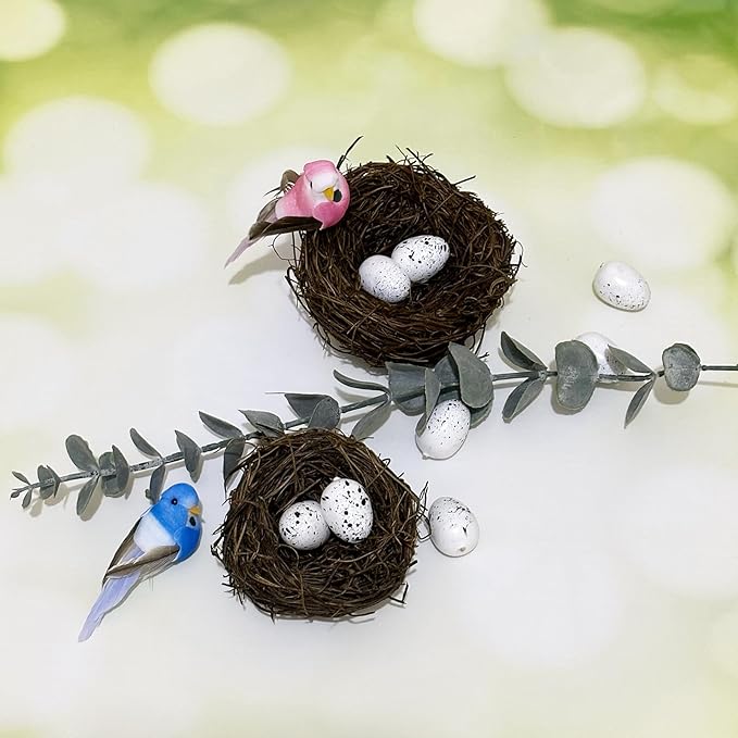 6pcs Small Faux Bird Nest with Eggs for Crafts, Artificial Rattan Birds Nest for Easter Wedding Home Paty Christmas Tree Decoration (6pcs Mixed Small Size Nest,12pcs Eggs)