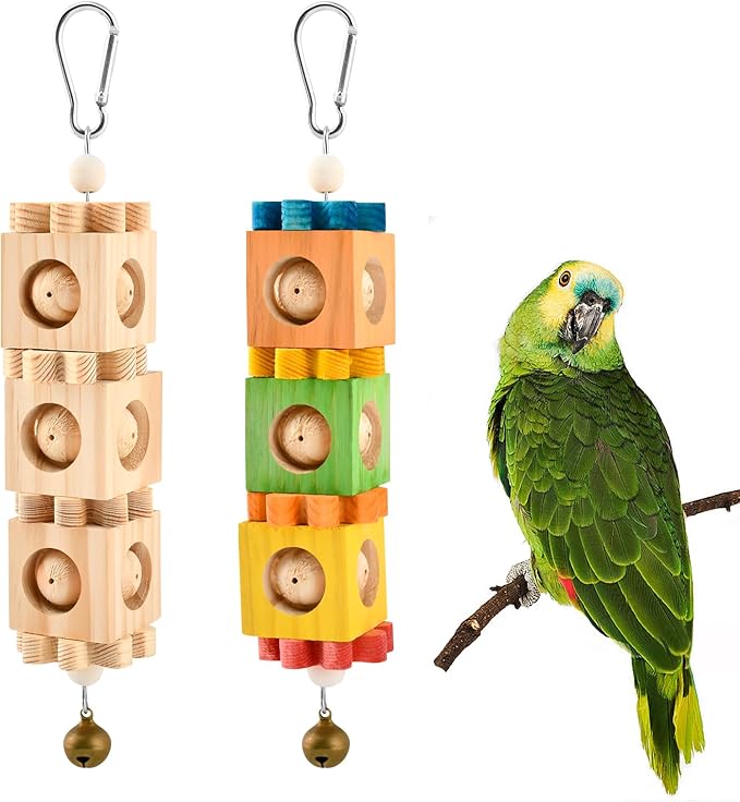 2 Pcs Wooden Bird Chew Toys for Beak Grinding, Hanging Parrot Rotating Wood Block with Bell Parrot Foraging Enrichment Toy for Parakeet, Cockatiel, Conure