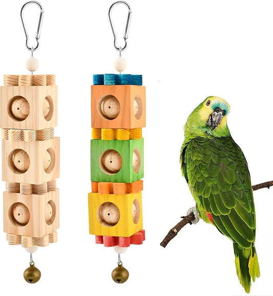2 Pcs Wooden Bird Chew Toys for Beak Grinding, Hanging Parrot Rotating Wood Block with Bell Parrot Foraging Enrichment Toy for Parakeet, Cockatiel, Conure