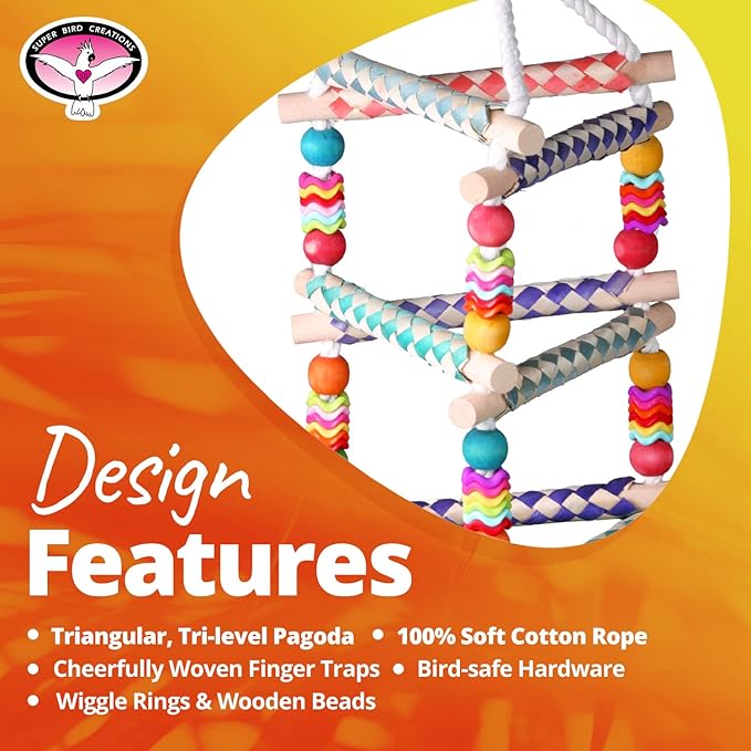 Super Bird Creations SB51113 Finger Trap Pagoda Bird Toy - Satisfies Chewing for Canary Finch Parrotlets Cockatiels - Vibrant Design with Cotton Rope, Beads, & Rings - Medium Size Birds, 14.5"x7"x7"