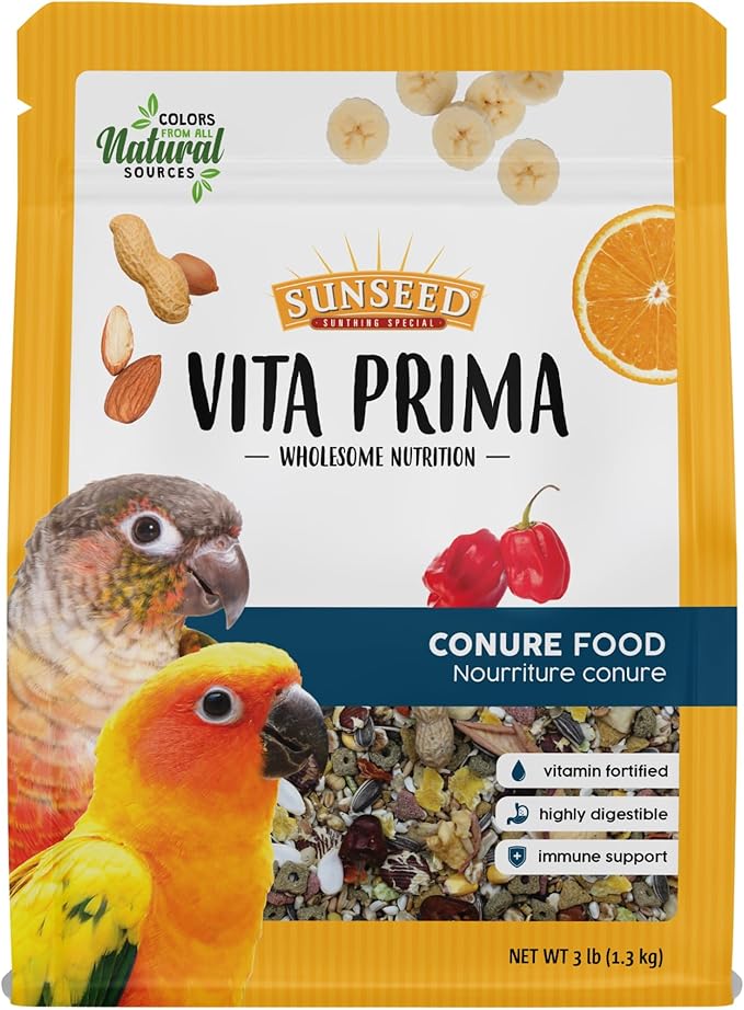 Sunseed Vita Prima Conure Food – Nutrient-Rich Blend with Fruits, Vegetables & Seeds Supports Healthy Feathers, Eyes & Active Energy – 3 lb Bag