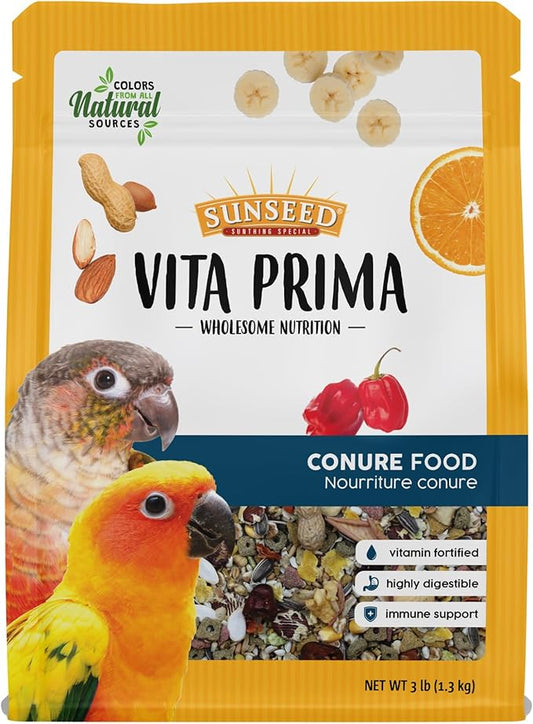 Sunseed Vita Prima Conure Food – Nutrient-Rich Blend with Fruits, Vegetables & Seeds Supports Healthy Feathers, Eyes & Active Energy – 3 lb Bag