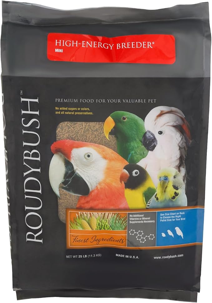 Roudybush High Energy Breeder Food for Breeding & Weaning Birds - Scientifically Formulated Bird Feed - Bird Food Pellets w/ Corn, Wheat, Soy & More - Nutritious & Healthy Feed for Birds (Mini, 25lb)