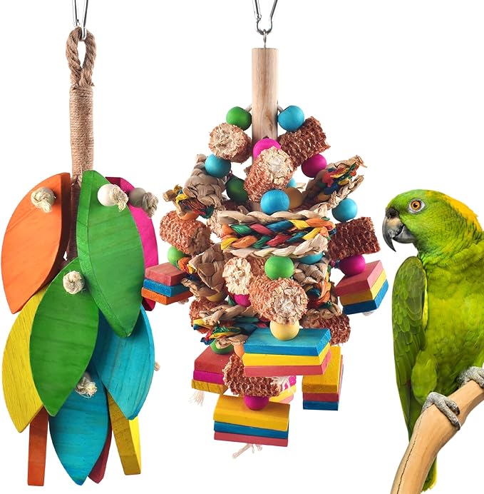 DBNESS 2 Pcs Large Bird Toys, Natural Corn Cob Parrot Chew Toy, Multicolored Leaf-Shaped Chewing Wood Blocks for Large and Medium-Sized Macaws, Cockatoos, Amazon Parrots, African Grey