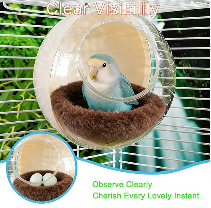 Bite-Resistant Bird Nest for Cage,Washable Clear View Hanging Bird House,Warm Plush Bird Bed Breeding Hut for Parakeet,Budgie,Lovebird,Canary&Small Parrots,Ideal for Laying Eggs,Sleeping&Breeding