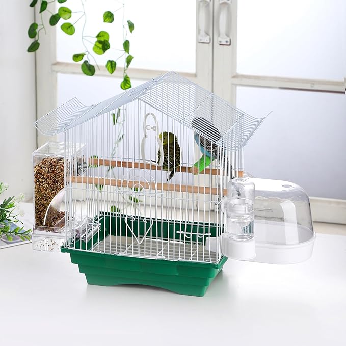 IBWell No Mess Automatic Bird Feeder for Cage - Parrot Feeder Inside Cage With Clear Perch and Acrylic Seed Food Container