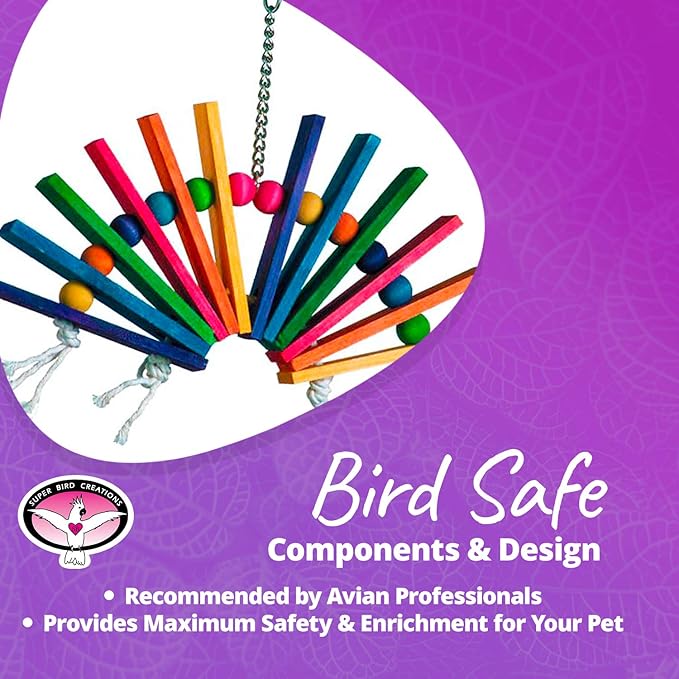 Super Bird Creations SB702 Peacock Sr. Bird Toy - Kiln Dried Pine Wood Slats, Hardwood Beads, 100% Cotton Rope - Ideal for Parrots, African Greys - Boredom Relief - Large Bird Size - 14” x 11” x 1.5”