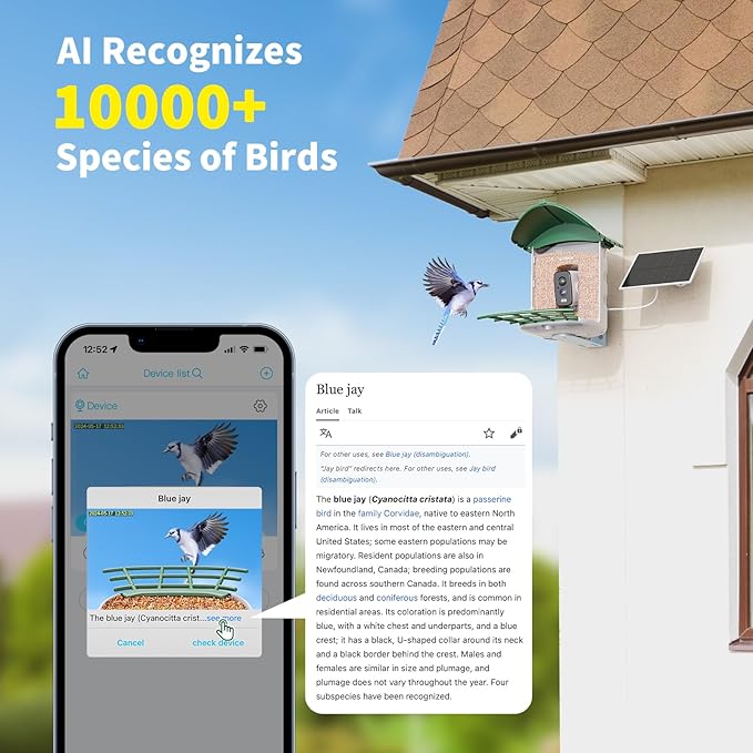 Bird Feeder with Camera, HD Birdwatching Camera with 1 Year Trial AI Identify, 4 DIY Add-ons, Smart Birds Cam with Solar Panel for Outdoor, Auto Record Videos, Gift for Bird Lover