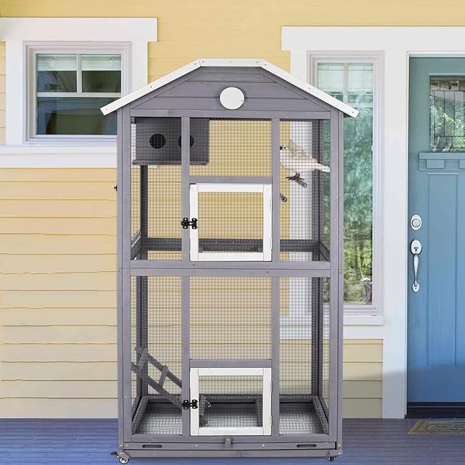 Gowoodhut Outdoor Bird Cage Large, Wooden Flight Aviary with Perches, Nest Habitat, and Easy-Clean Pull Out Tray for Parakeets, Macaws, and More
