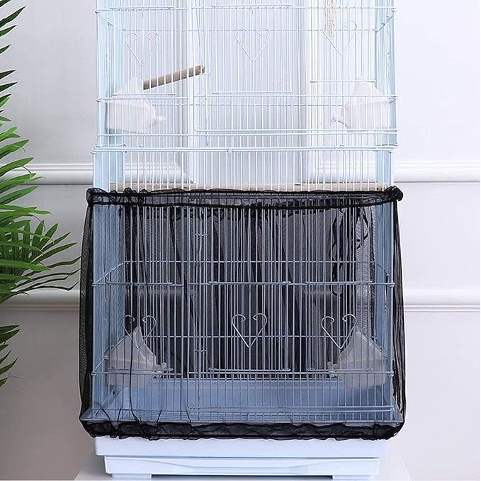 Bird Cage Seed Catcher, Large Airy Gauze Bird Cage Cover Guard, Adjustable Birdcage Nylon Mesh Net Cover (XL-118x32 in, Black)
