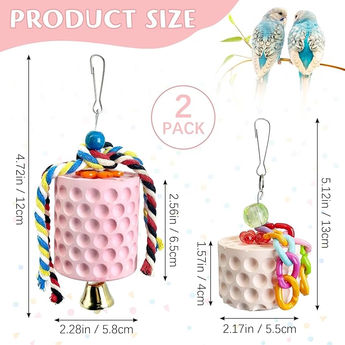 PINVNBY Bird Beak Grinding Stone 2Pcs Bird Chewing Toys Lava Calcium Block with Bell Hanging Parrot Chewing Toy Cage Accessories for Parakeets Conures Cockatiels Budgies Lovebirds