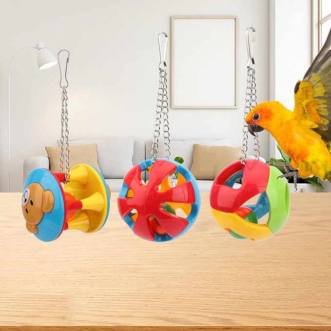 Hypeety Parrot Colorful Ball Toys with Bell Cage Hanging Chewing String for Parakeet Conure Cockatiel Small Medium Birds (A+B+C)