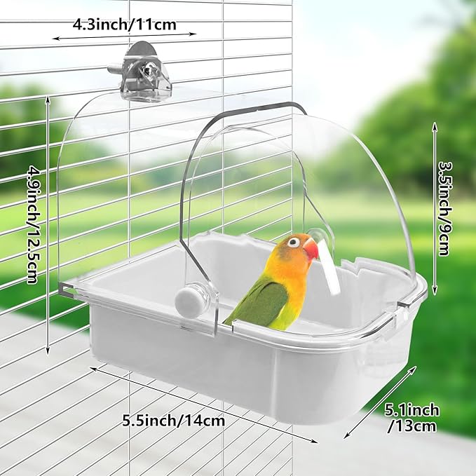 Tfwadmx Bird Cage Bath Hanging Parrot Bath Tub Water Shower Food Feeder Holder Tray Bird Bath Supplies for Small Birds Canary Budgies Cockatiel Lovebirds (White)