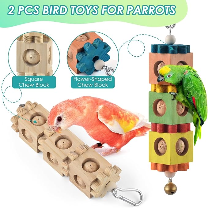 DBNESS 2 PCS Bird Chew Toys for Beak Grinding, Hanging Rotating Wood Block with Bell Parrot Foraging Enrichment Chewing Toy for Small to Medium Conure Cocktie Caique Similar Sized Pet Birds