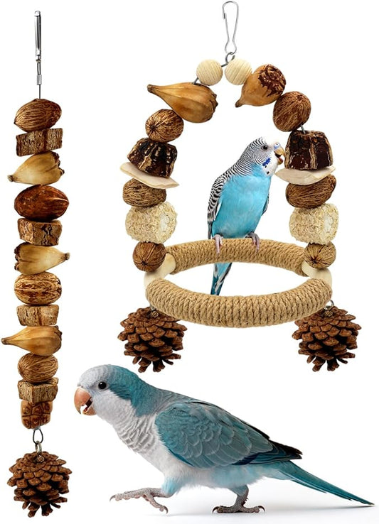 2Pcs Natural Bird Chew Toys, Wood Parakeet Swing Toys with Sisal Wrap for Claw Grinding, Hanging Safe Chew Toys for Parrot Beak Care, Multi-Play Design Cockatiel Toys for Budgie Conure Keeps Busy