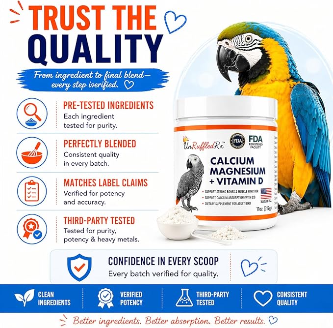 UnRuffledRx™ Bird Calcium Plus with Magnesium and D3, Dissolves Clear and Tasteless in Water, Supports Bone, Muscle, Feather and Egg Health, 45 Servings, Made in FDA-Registered USA Facility