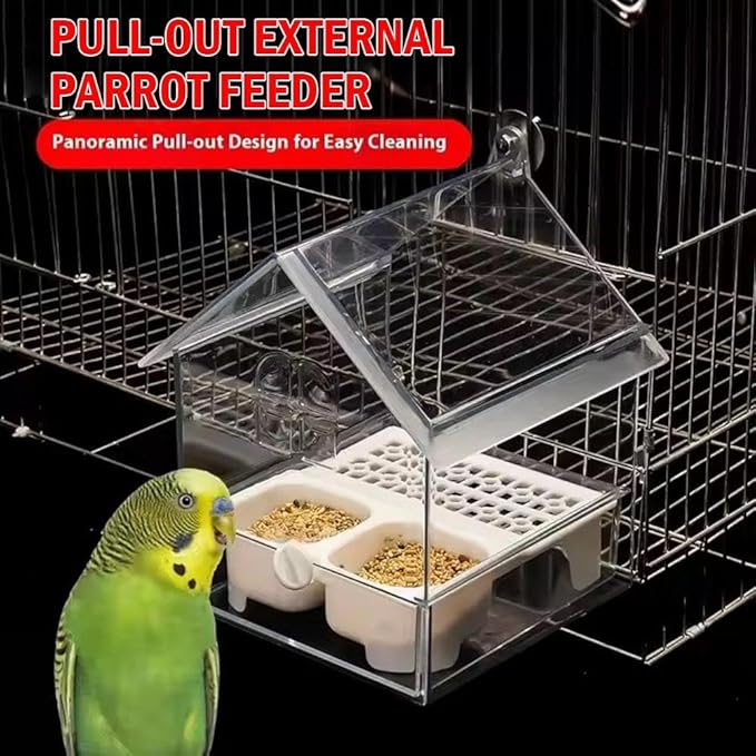 Pull-Out External Parrot Feeder, Parrot Feeder, Hanging Wild Bird Seed with Squirrel Proof Tray, Bird House, Decorative Clear Bird Bath Tub Easy to Fill, Clean for Finch and Hummingbird