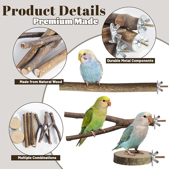 8 Pack 9 Inch Natural Wood Bird Perches, Parrot Perch Stand Bird Cage Accessories for Budgerigar Cockatiels, Conures, Lovebirds (L)