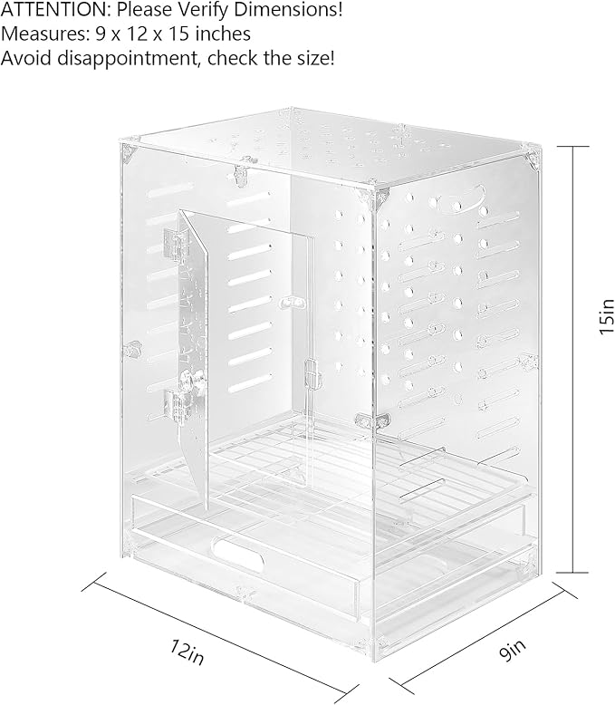 Clear Acrylic Bird Cage for Small Birds, Transparent Display Habitat for Canary, Parakeet - Easy to Clean & Assemble (9x12x15in)