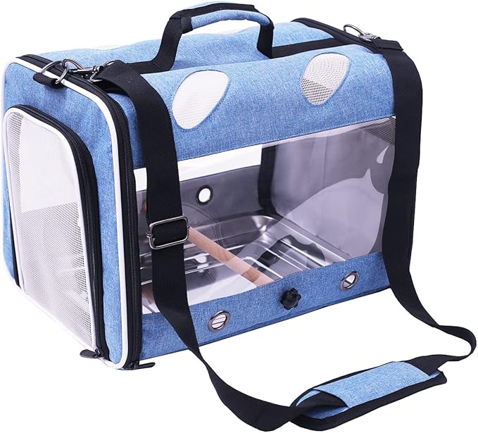 Bird Travel Carrier for Parrot with Wooden Perch and Tray, Portable Carrying Bag for Outdoor Hiking and Vet Visit(Blue, Bird Carrier)