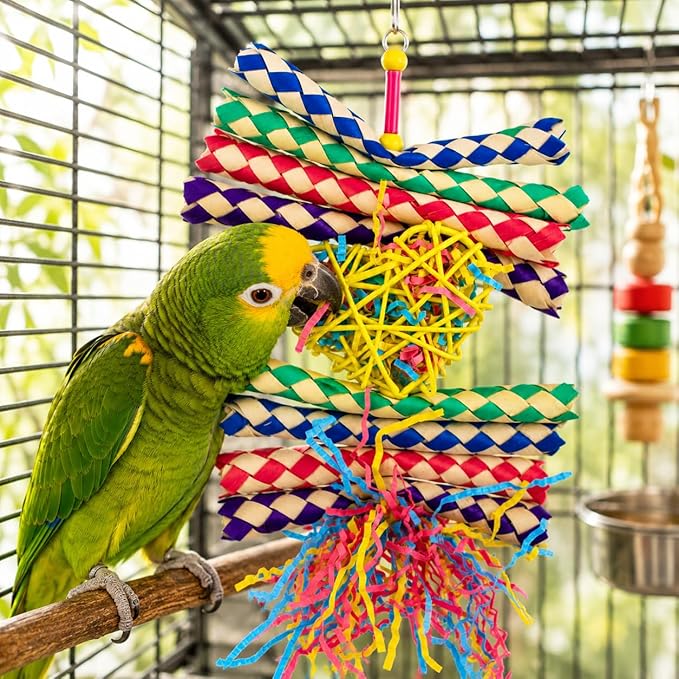 Bonka Bird Toys 1730 Foraging Valentine Heart Bird Toy for Medium Birds Shredding and Chewing Cage Toy Colorful Palm Leaf and Paper Foraging Toy 9" x 6"