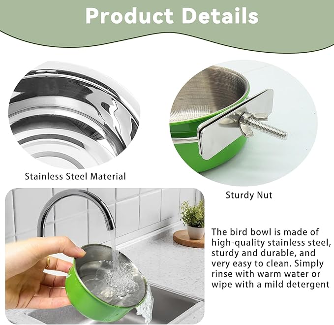 Kathson 2Pcs Stainless Steel Bird Bowls, Parakeet Food Dish Parrot Cage Feeder with Clamp Holder Small Bird Feeding Cup Pet Bird Feeder for Parakeet Cockatiels Conure Budgies Chinchilla Small Animal