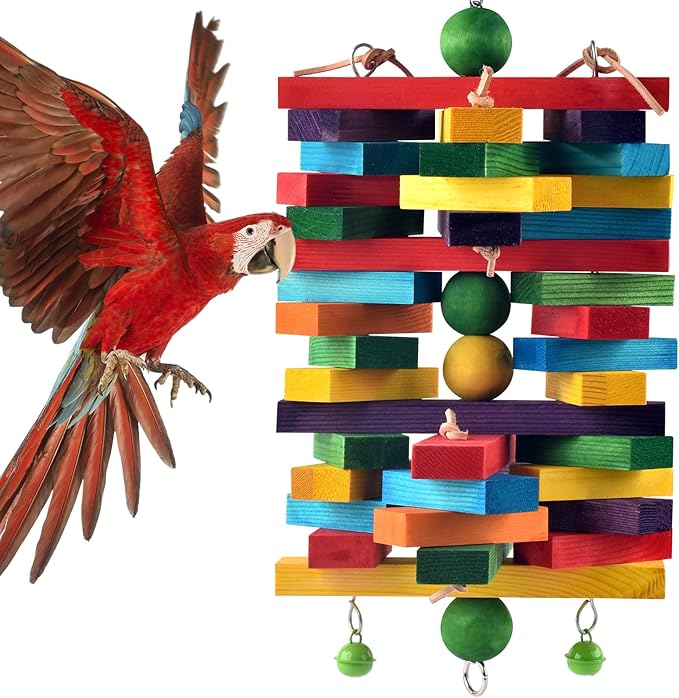 ERKOON Extra Large Bird Parrot Toys for Macaws, African Grey, Amazon Parrots Multicolored Natural Wooden Blocks Parrot Chewing Toy Bird Cage Bite Toy