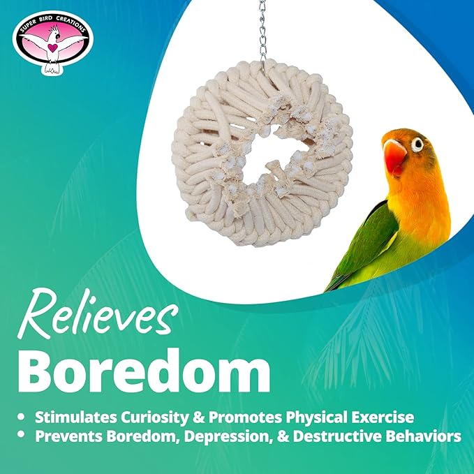 Super Bird Creations SB130 Snuggle Ring Bird Toy - Comforting Cotton Rope Hideaway - Durable Steel Ring, Safe Cage Attachment - Ideal for Cockatiels, Parrots - Small/Medium Birds - 9" x 7" x 3"